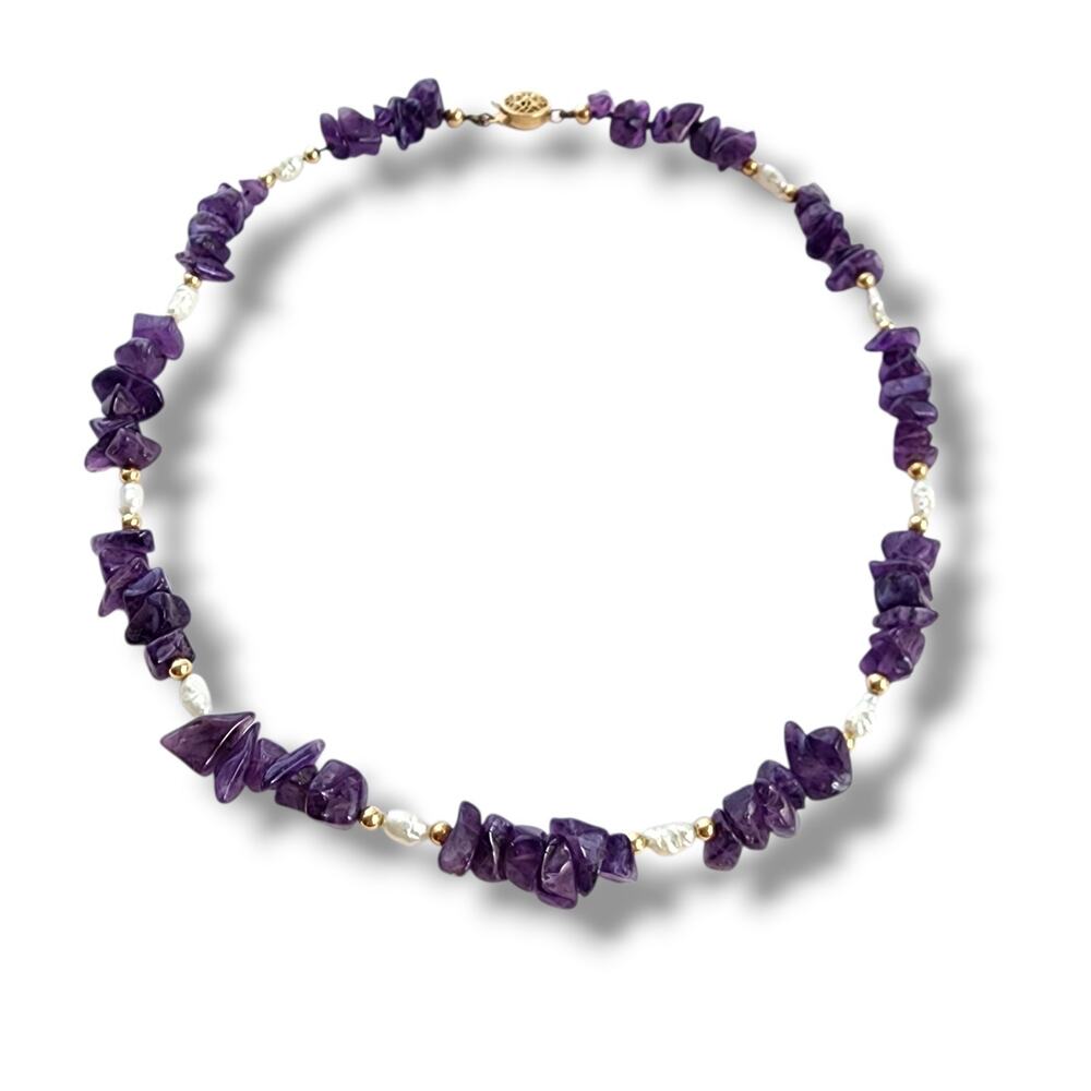 Handmade Artisan Necklace Genuine Amethyst, Pearl 14K Gold Filled February Stone